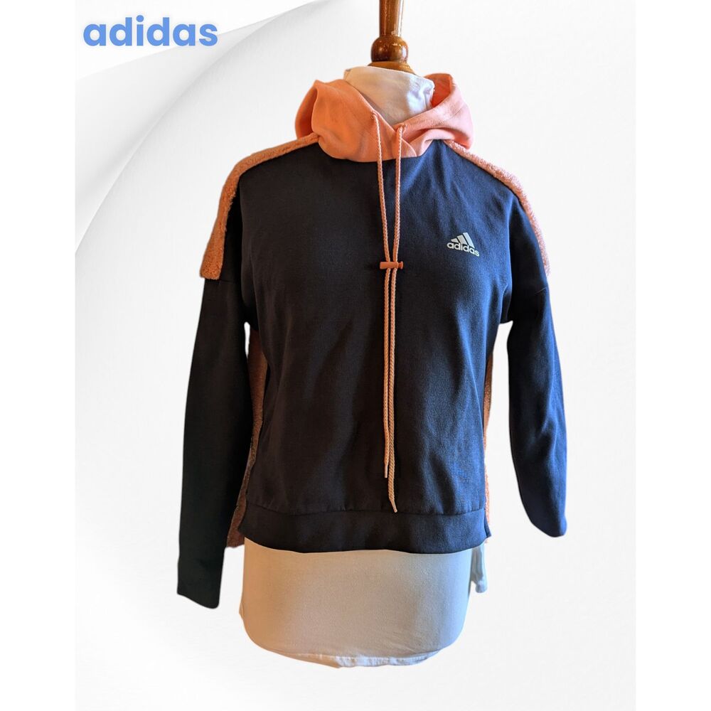 Adidas Medium Hoodie Navy Blue Peach Sherpa Fleece Colorblock Pullover